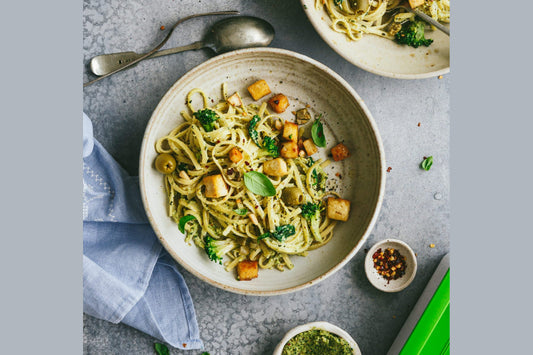 Pasta Pesto with Crispy Tofu Cubes