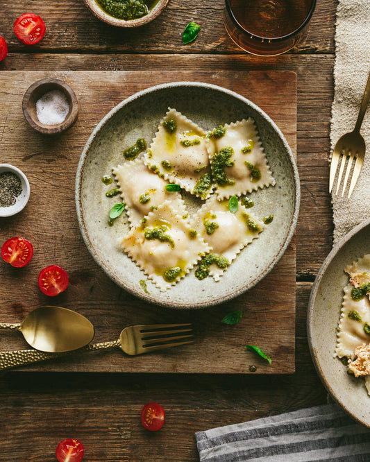 Sun-Dried Tomato and Tofu Ravioli in Pesto